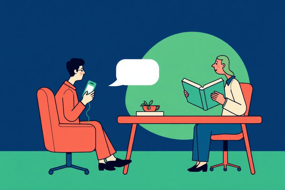 Illustration of a client showing AI chatbot legal advice on a phone to a solicitor, reflecting how AI is changing clients walking into law firms