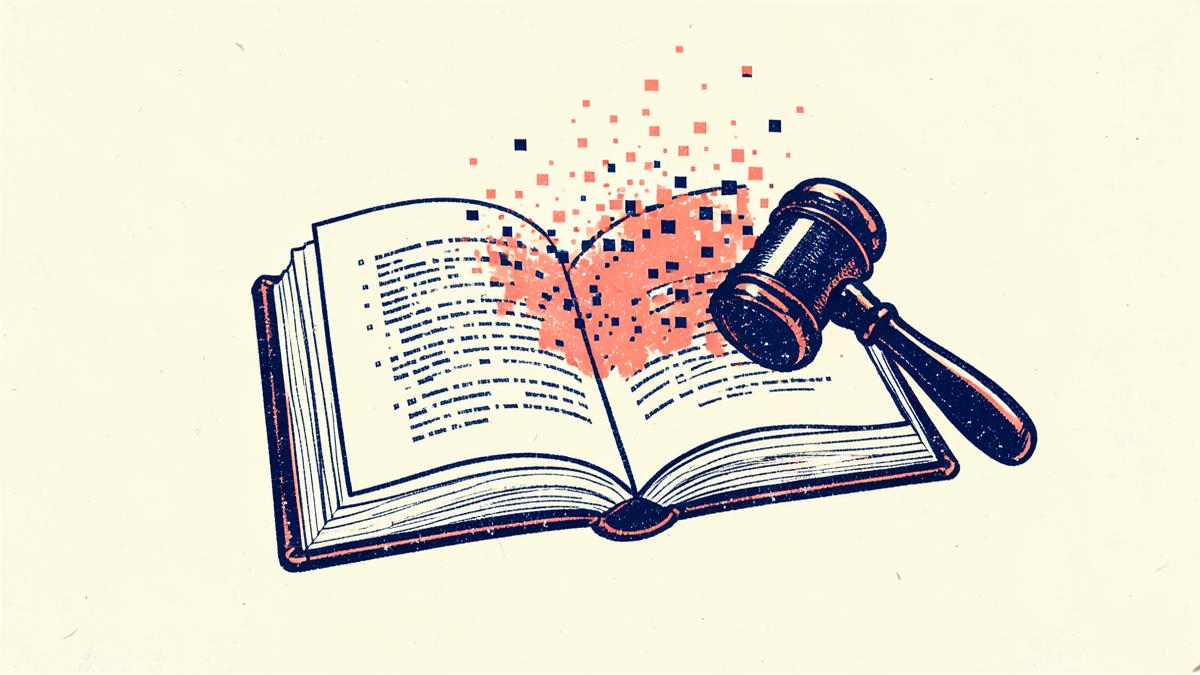 Open law report book dissolving into pixels beside a gavel, illustrating fake AI-generated case citations before the Solicitors Disciplinary Tribunal