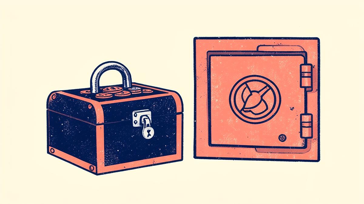 Illustration of a locked cash box and a bank vault door, representing the debate over whether law firms should hold client money