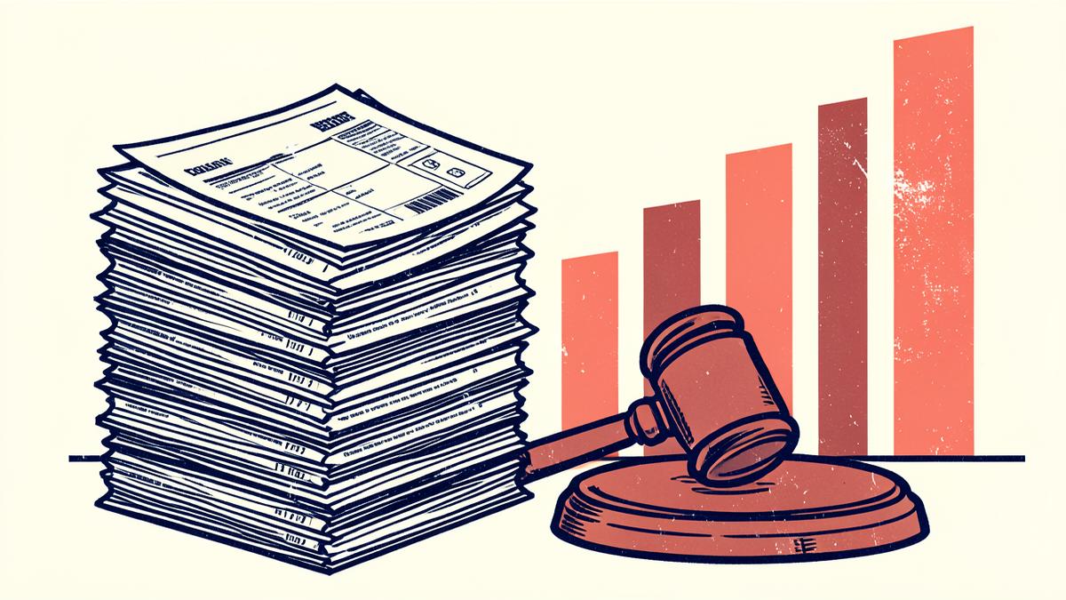 Stack of county court claim forms with a gavel and rising bar chart illustrating record civil claims in 2026