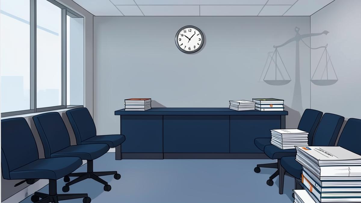 Illustration of a UK employment tribunal hearing room with stacked case files and a clock, representing the growing backlog of tribunal claims and delays to 2029