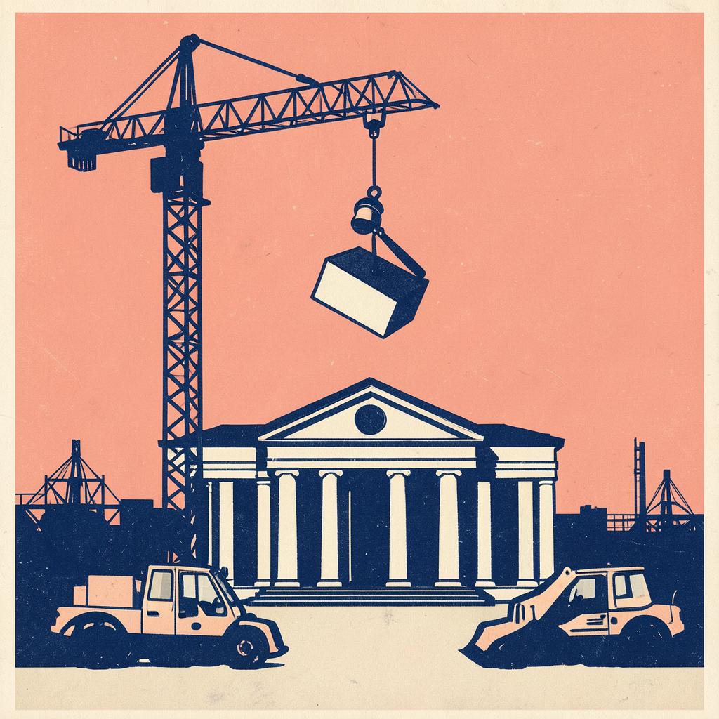 Judicial review curbs on major infrastructure projects: illustration of a construction crane over a courthouse
