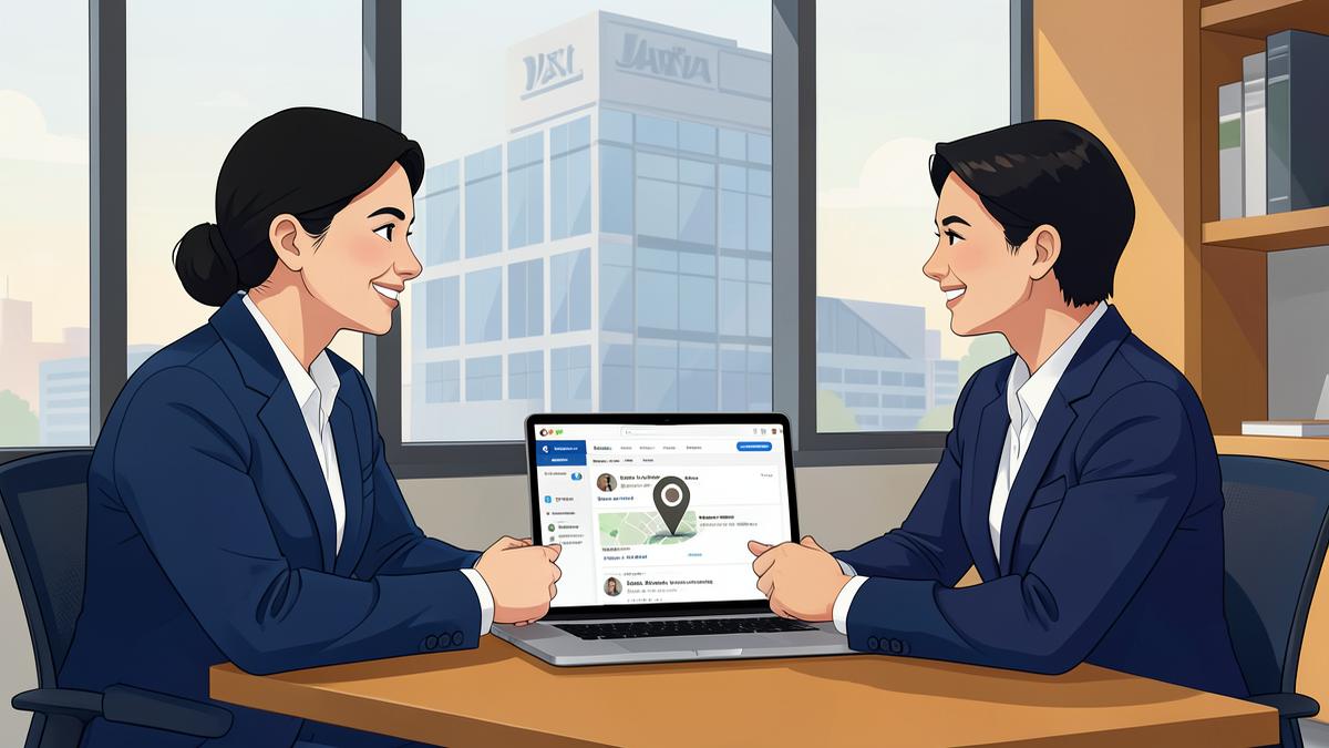 Illustration of a lawyer meeting a client in a smaller law firm office, with local search and SEO icons on a laptop, symbolising opportunity amid legal market consolidation