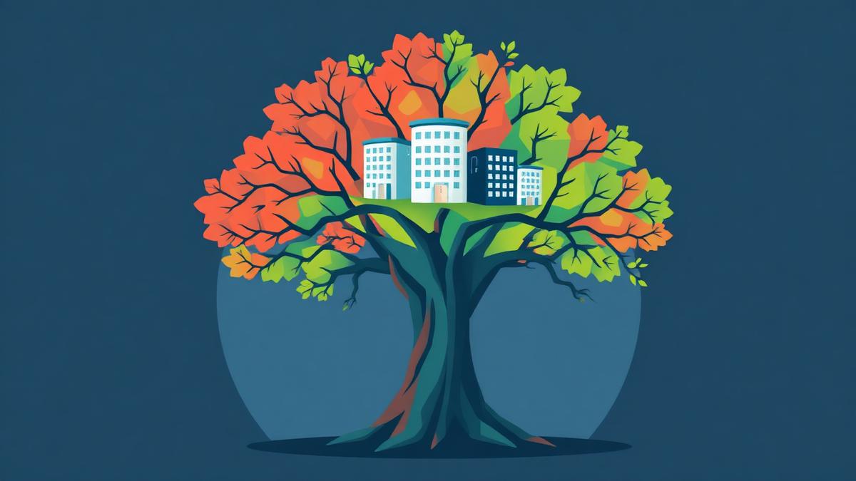 Illustration of an oak tree with law firm offices in its branches, representing a buy-and-build law firm acquisition and succession planning group