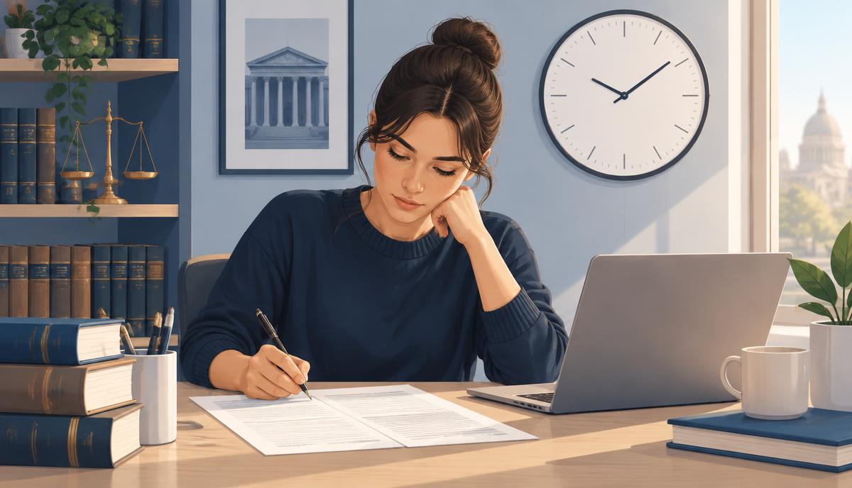 Law student preparing for the Solicitors Qualifying Exam SQE1 with extra time per question from 2027, illustration for SRA exam changes news
