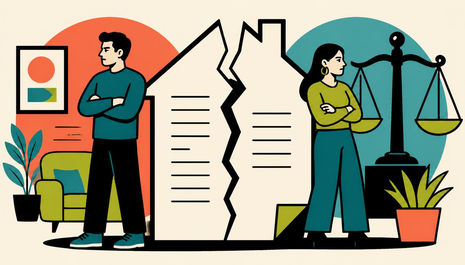 Cohabiting couple either side of a torn house-shaped document with scales of justice, illustrating cohabitation rights and the common law marriage myth in the UK