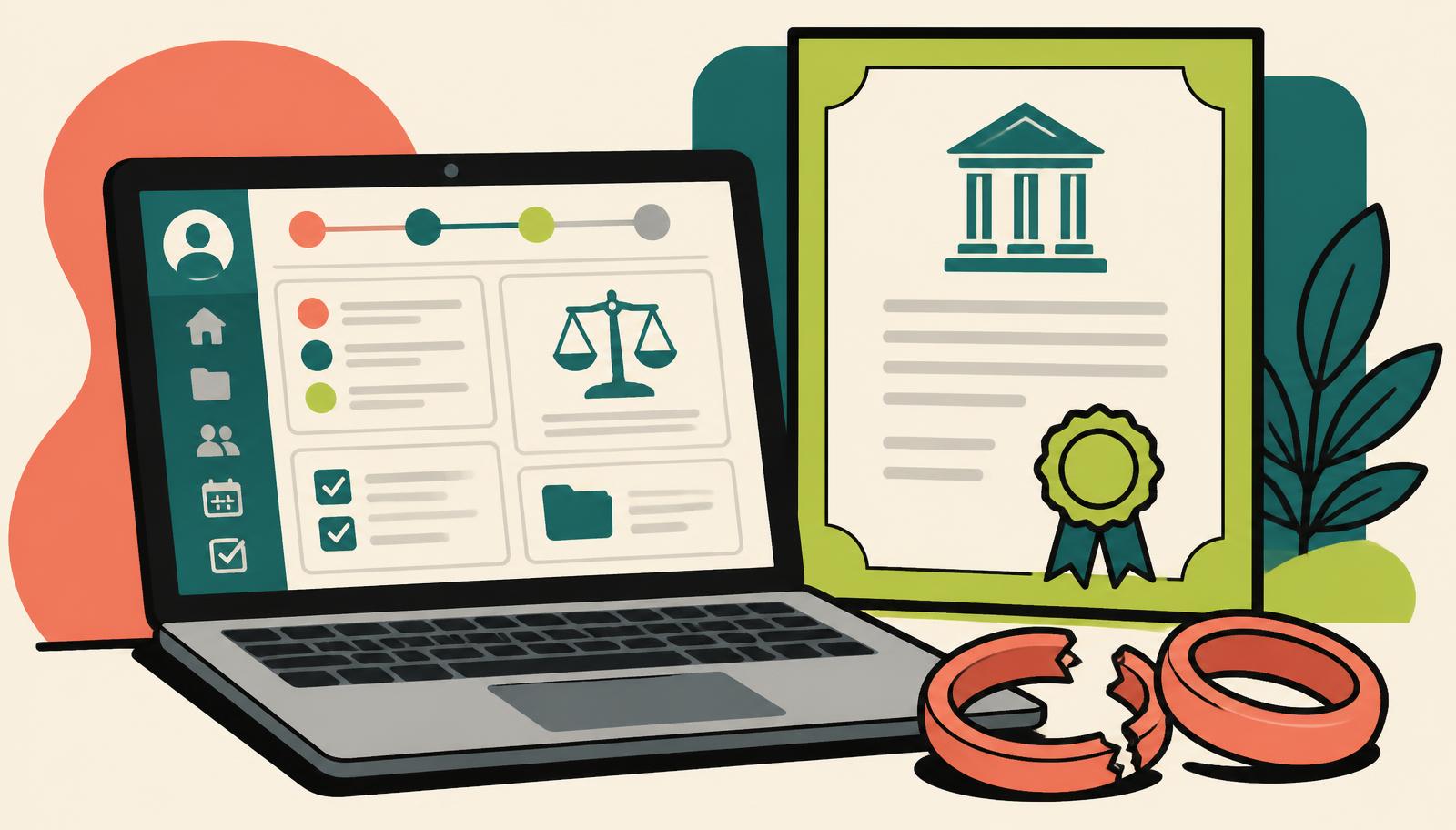 Laptop showing an online divorce service case management system beside an SRA regulation certificate and separated wedding rings